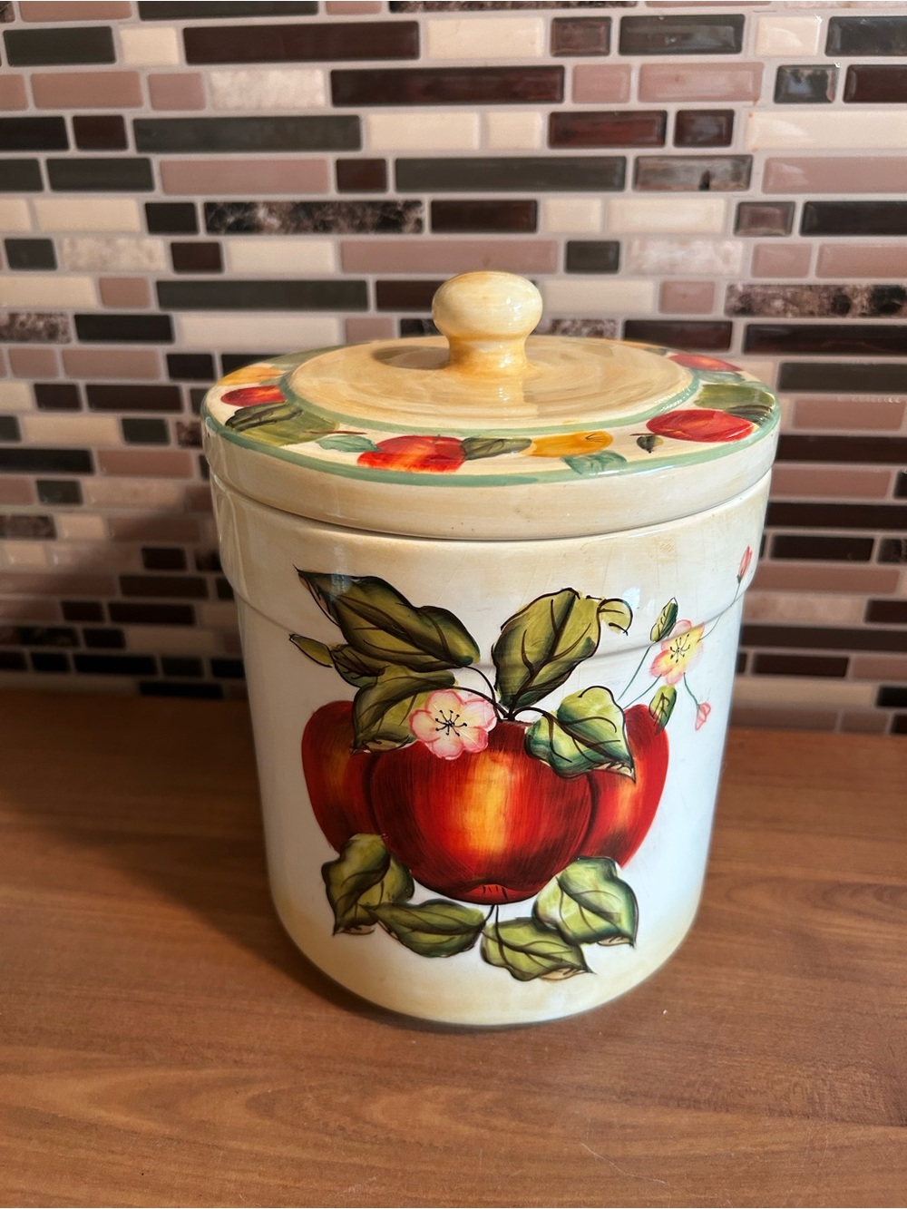 Hand-Painted Apple Ceramic Cookie Jar with Lid - Cream and Red